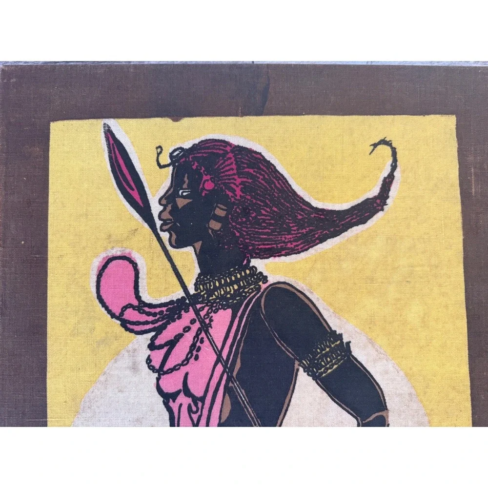 VTG Mid Century Modern African Warrior Dancer Fabric Print Silhouette Art MCM